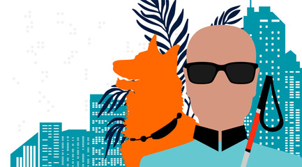 Blind people in urban space. Vector conceptual illustration. A blind man with a guide dog on the background of a city and Braille