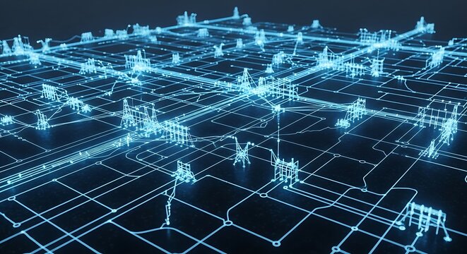 Futuristic glowing blue digital network grid with interconnected nodes and towers technology - Powered by Adobe