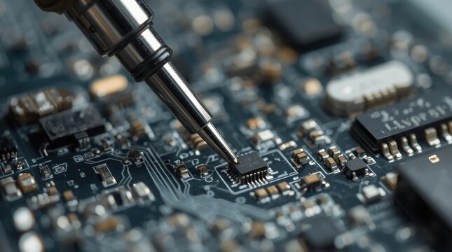 Precision soldering of intricate electronic components on a complex circuit board, highlighting innovation and engineering.