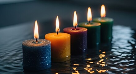 Five colorful candles burning in water with gentle reflection