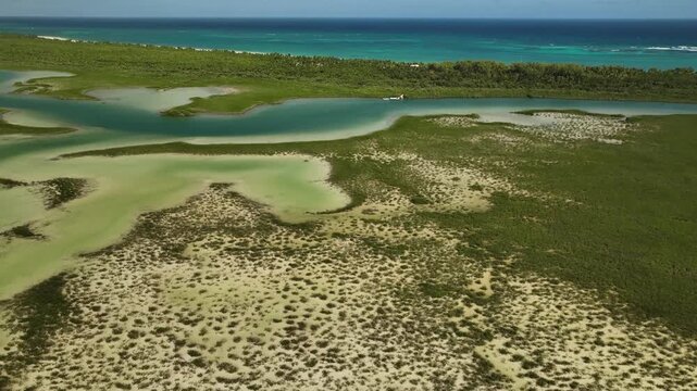 Aerial 4K drone view of lagoons and mangrove wetlands in Sian Kaan biosphere reserve Mexico