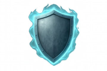 Medieval fantasy shield glowing with magical blue energy, game prop protecting from sorcery, transparent background