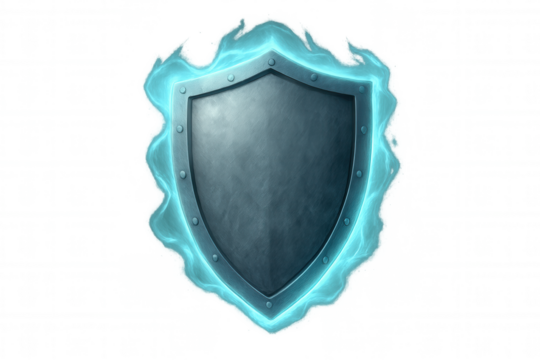 Medieval fantasy shield glowing with magical blue energy, game prop protecting from sorcery, transparent background