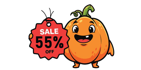 Happy pumpkin character with 55 percent off sale tag