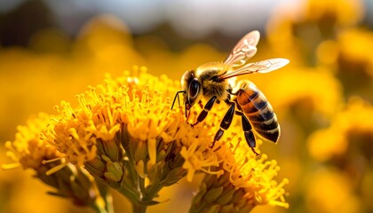 Honeybee on bright yellow flowers