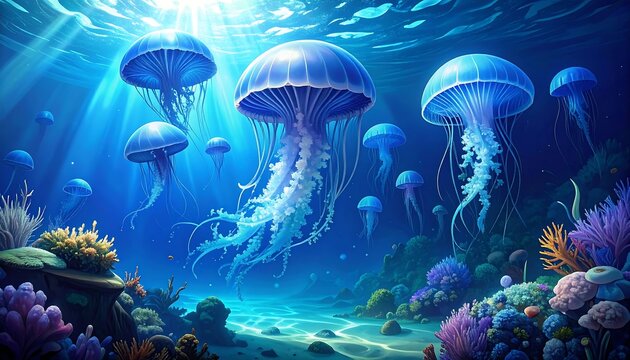 Underwater scene with vibrant blue jellyfish and coral reef landscape