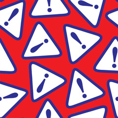 Blue Exclamation mark in triangle icon isolated seamless pattern on red background. Copy files, chat speech bubble. Vector