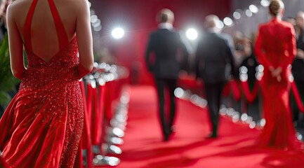 red carpet entrance for movie premiere event, people in suits and dresses lined up on both sides of the red carpet with velvet ropes leading to an open area where top hollywood actors pose for photos