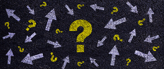 Decision making concept with question mark and arrows pointing different directions, business strategy, arrows in different directions and question mark, confusion choice chaos concept