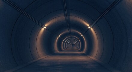 Obraz premium Dark concrete tunnel perspective with diminishing lights leading to the exit