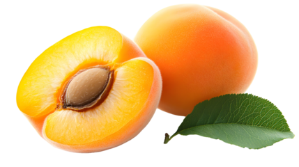 Close-up of whole and halved apricot with leaf for food and design concepts
