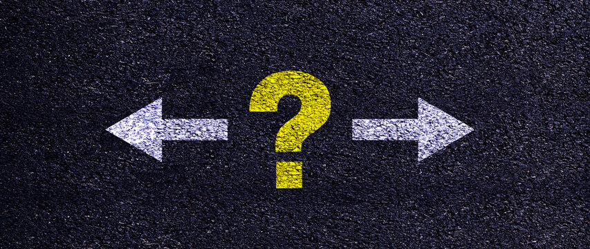 Decision making concept with question mark and arrows pointing different directions, business strategy, arrows in different directions and question mark - Powered by Adobe