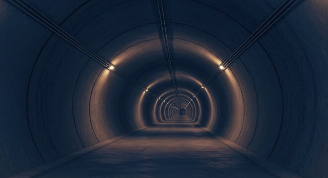 Dark concrete tunnel perspective with diminishing lights leading to the exit