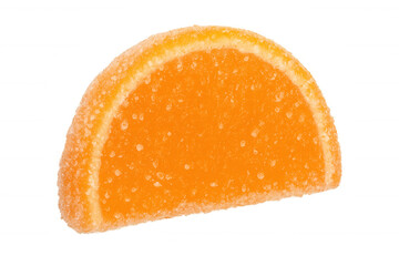 Orange fruit flavored jelly candy, sugar coated marmalade treat, sweet citrus chewable dessert on transparent background