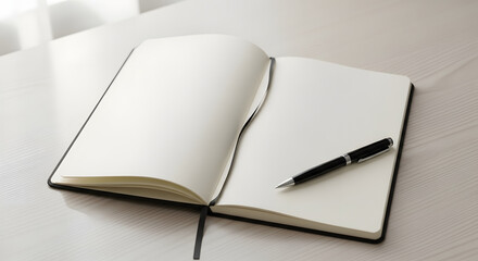 An open notebook with blank pages and a black pen resting on the right page on a white surface