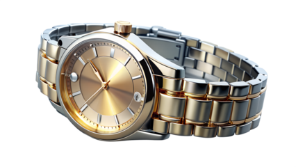 Elegant gold wristwatch isolated on transparent background, showcasing its intricate design and timeless appeal for any occasion