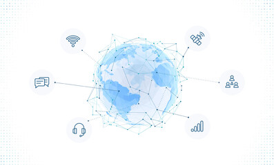 Abstract polygonal earth globe. Connected digital lines, communication icons. Worldwide connection concept, online network, real-time information exchange. Global internet and social communication.