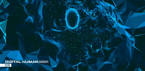 Abstract 3D digital human from chaotic polygons, lines, nodes. Big data and artificial intelligence concept for healthcare, neural networks, and futuristic technology. AI robot vector illustration