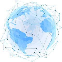 Polygonal 3D vector globe. Digital wireframe planet, lines and dots connects. Global network communication, modern technology. Futuristic earth sphere concept. worldwide data and internet connection.