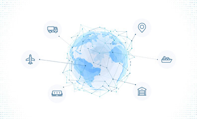 Digital earth globe made of polygons with logistics and transportation icons around. Concept of global trade, delivery, and supply chain management using modern technology and data connectivity.