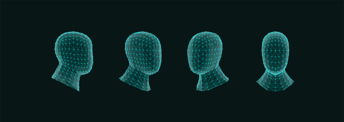 Abstract 3D digital human head set. Poly wireframe mesh technology, vector geometric lines. Design for network connections, futuristic innovation. Business, science and artificial intelligence concept