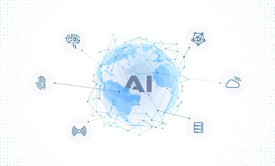 3D Polygonal planet earth, digital connections, technology icons. Abstract globe as global artificial intelligence, internet of things network. Futuristic concept of data transfer, neural systems.