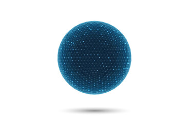 Polygonal 3D sphere, blue glow on wireframe nodes. Abstract geometric for data network, artificial intelligence, and digital technology. Futuristic low poly earth concept. Vector on white background.