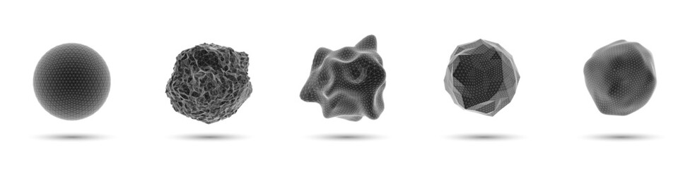 Polygonal 3D spheres set. Abstract geometric deformations in sharp, smooth, fractured and spiky styles. Futuristic digital shapes for artificial intelligence, data transformation and technology design