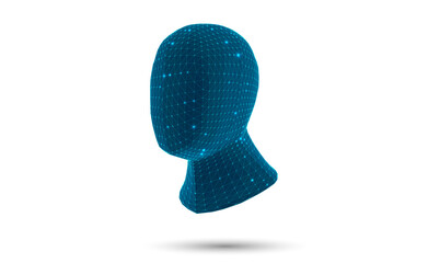 Polygonal 3D head, blue glow on wireframe nodes. Abstract geometric for neural networks, artificial intelligence, and digital technology. Futuristic low poly human concept. Vector on white background.