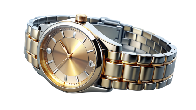 Elegant gold wristwatch isolated on transparent background, showcasing its intricate design and timeless appeal for any occasion