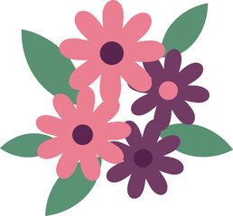 Vibrant spring flowers bouquet pink purple green leaves botanical floral art vector