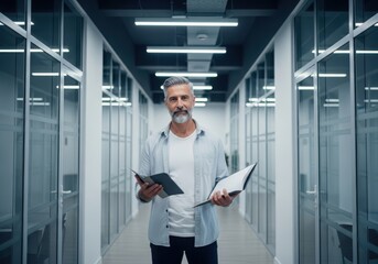 Fototapeta premium Man in modern office hallway holding documents