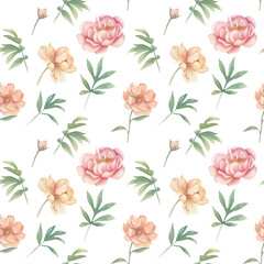 Floral print with orange peonies. Watercolor seamless pattern. Hand drawn  illustration on white background