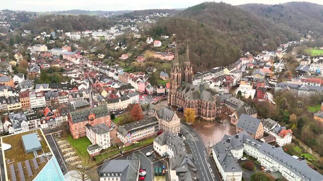Marburg old town with Landgrafenschloss Castle and colorful buildings in winter