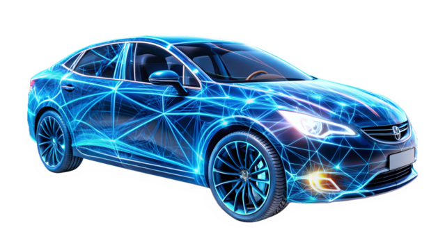 Blue car with glowing lines isolated on transparent background, showcasing futuristic design and technology integration