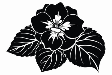 Elegant Black and White Illustration of a Pansy Flower with Detailed Leaves