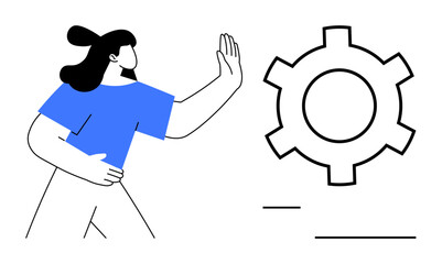 Woman with raised hand facing gear symbol, symbolizing teamwork or project management. Ideal for business planning, process optimization, strategy, workflow, leadership, innovation, simple landing