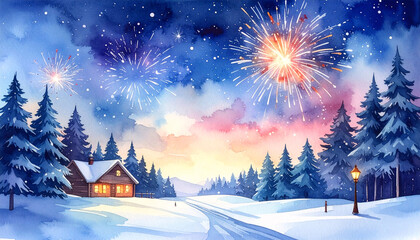 Fototapeta premium Watercolor snowy Christmas night with colorful fireworks sky