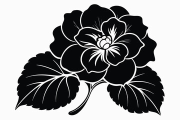 Black and White Illustration of an Opulent Flower with Leaves, Floral Design