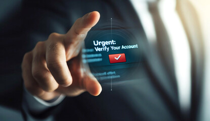 A tense digital close-up of a person hand interacting with a screen, highlighting an urgent email in the inbox. phishing scam urgent email hand digital inbox. cybersecurity alert urgent email scam
