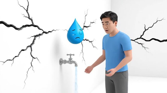 Frustrated homeowner struggling with burst pipe and water damage, ideal for insurance claims or home repair service promotions