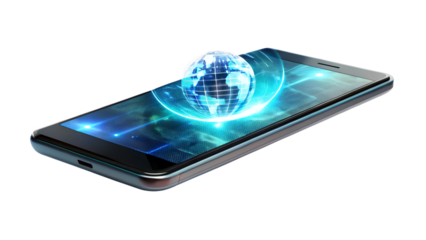 Smartphone displaying a digital globe isolated on transparent background, symbolizing global connectivity and technology