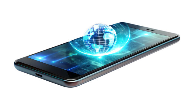 Smartphone displaying a digital globe isolated on transparent background, symbolizing global connectivity and technology