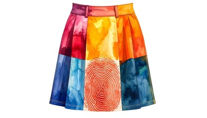 Watercolor Illustration of a Colorful Skirt with a Fingerprint Design
