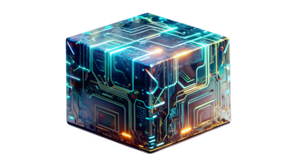 Detailed cube with glowing circuit lines, representing cuttingedge technology isolated on transparent background