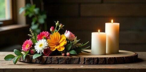 Fototapeta premium Rustic wooden chargers, wildflowers, pillar candles , light, cream, wooden