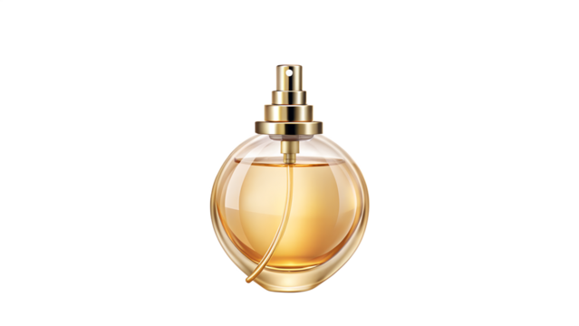 Refined perfume bottle with golden details isolated on transparent background, exuding timeless elegance and sophistication in fragrance