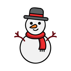 cute snowman with red hat and scarf in winter holiday cartoon style