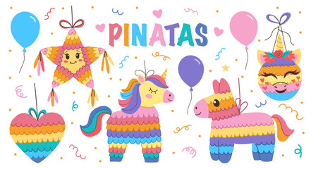 Funny cartoon mexican pinatas with a horse, star and heart.