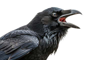 Fototapeta premium Angry crow cutout, transparent image.png. Cawing. Kitchen scraps. Natural predator. Garbage disposal. Black crow. Black bird.